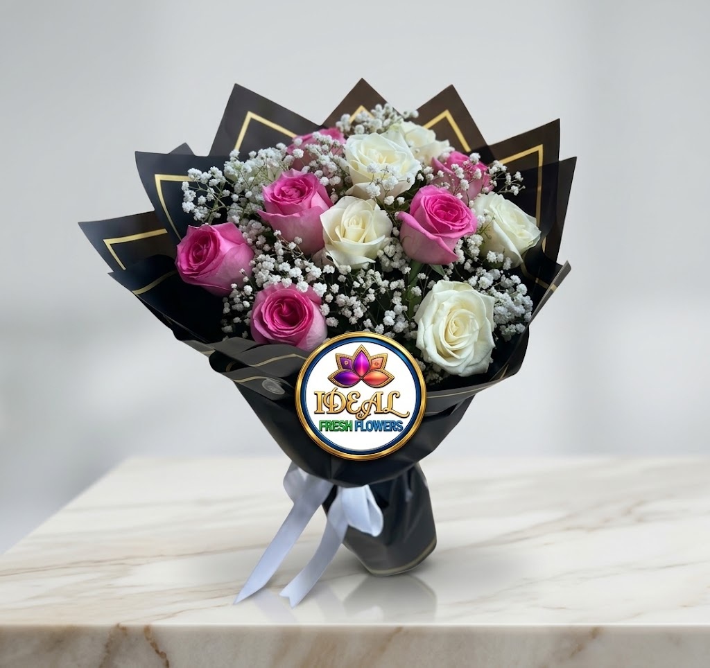 10 Pink and White Rose Bouquet in Black Gold-Trimmed Wrapping by Ideal Fresh Flower - Image 1