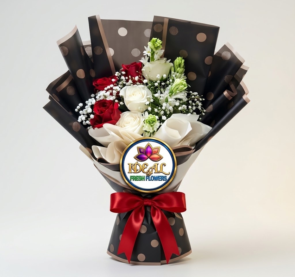 12 Red and White Rose Bouquet in Polka Dot Wrapping by Ideal Fresh Flower - Image 1