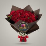 Red Rose Bouquet with Red Ribbon in Dark Wrapping by Ideal Fresh Flower