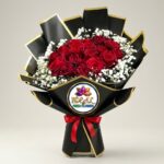 Red Rose Bouquet with Baby's Breath in Black Gold-Edged Wrapping by Ideal Fresh Flower
