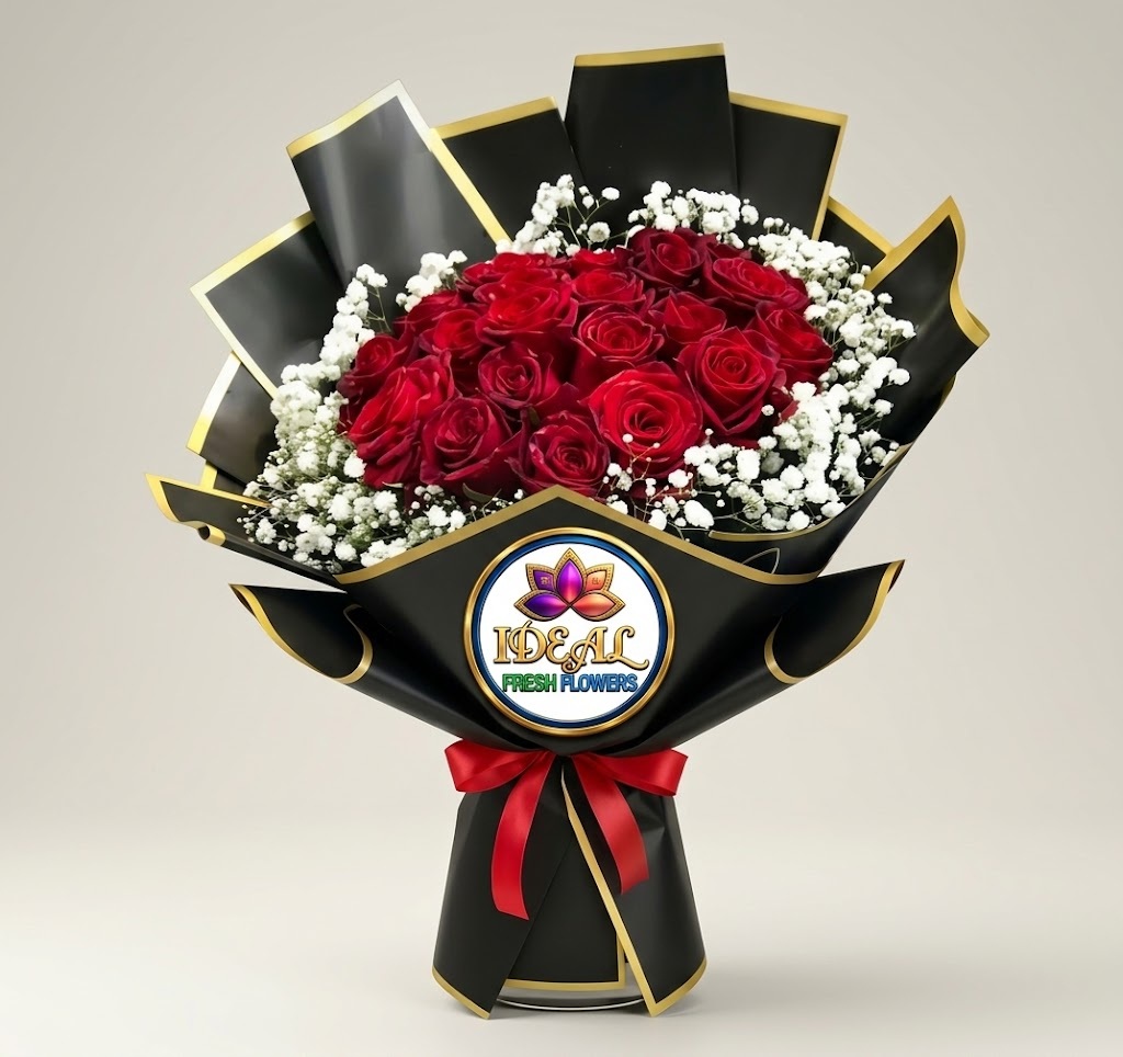 15 Red Rose Bouquet with Baby's Breath in Black Gold-Edged Wrapping by Ideal Fresh Flower - Image 1