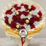 Red Rose and Gold Chocolate Bouquet with Cream Wrapping by Ideal Fresh Flower