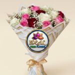 Pink, White and Red Rose Bouquet with Gold Ribbon by Ideal Fresh Flower
