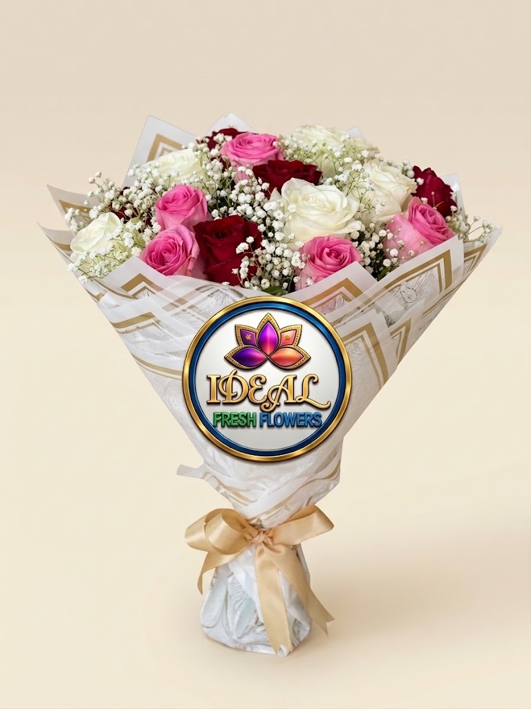 19 Pink, White and Red Rose Bouquet with Gold Ribbon by Ideal Fresh Flower - Image 1