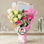 Pink and Pale Yellow Rose Bouquet in Marble Wrapping by Ideal Fresh Flower