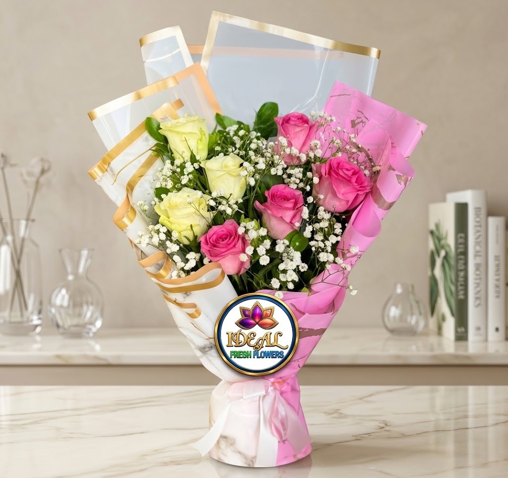 21 Pink and Pale Yellow Rose Bouquet in Marble Wrapping by Ideal Fresh Flower - Image 1