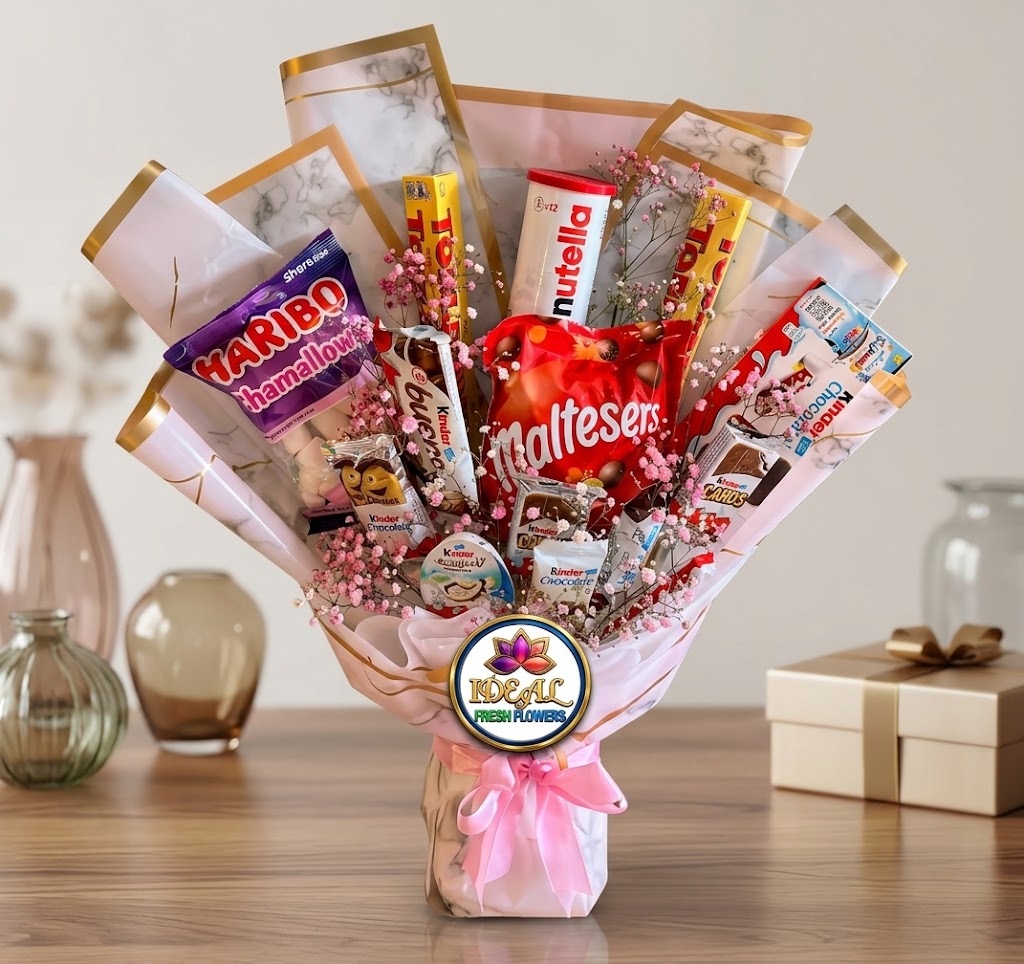 22 Chocolate and Snack Gift Bouquet with Pink Baby's Breath by Ideal Fresh Flower - Image 1