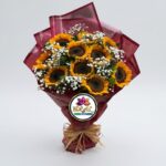 Sunflower Bouquet with Baby's Breath in Burgundy Wrapping by Ideal Fresh Flower
