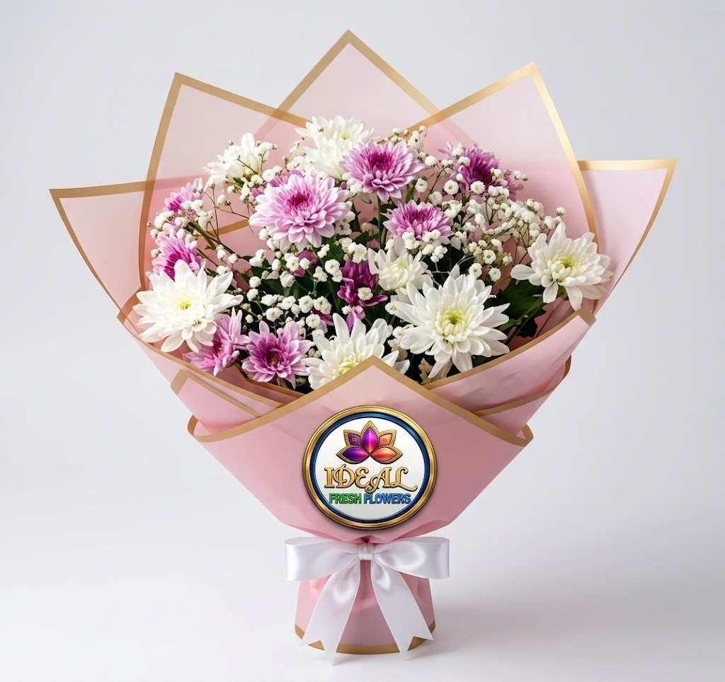 24 White and Purple Chrysanthemum Bouquet in Pink Wrapping by Ideal Fresh Flower - Image 1