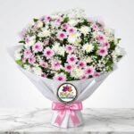 Pink and White Chrysanthemum Bouquet with Pink Ribbon by Ideal Fresh Flower