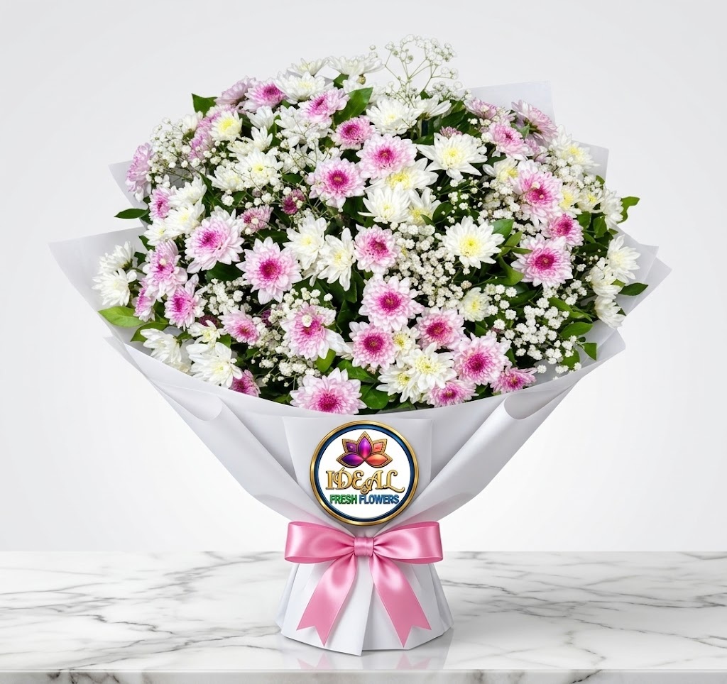 26 Pink and White Chrysanthemum Bouquet with Pink Ribbon by Ideal Fresh Flower - Image 1