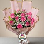 Pink Rose Bouquet with Baby's Breath in Gold-Edged Wrapping by Ideal Fresh Flower