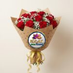 Red Rose Bouquet with Baby's Breath in Star-Print Kraft Paper by Ideal Fresh Flower