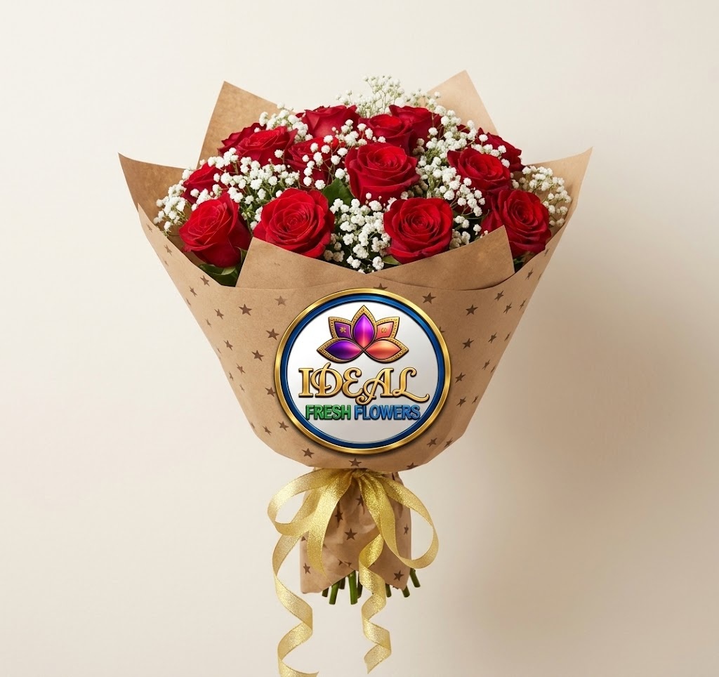 28 Red Rose Bouquet with Baby's Breath in Star-Print Kraft Paper by Ideal Fresh Flower - Image 1