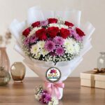 Red Rose and Chrysanthemum Bouquet with Pink Ribbon by Ideal Fresh Flower