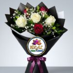 White and Red Rose Bouquet with Purple Ribbon in Black Wrapping by Ideal Fresh Flower