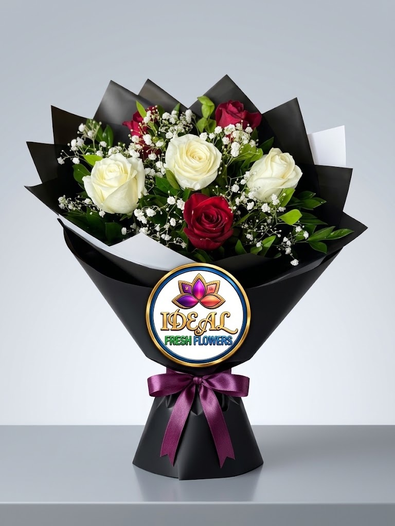 30 White and Red Rose Bouquet with Purple Ribbon in Black Wrapping by Ideal Fresh Flower - Image 1