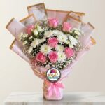 Pink Rose and White Chrysanthemum Bouquet in Marble Wrapping by Ideal Fresh Flower