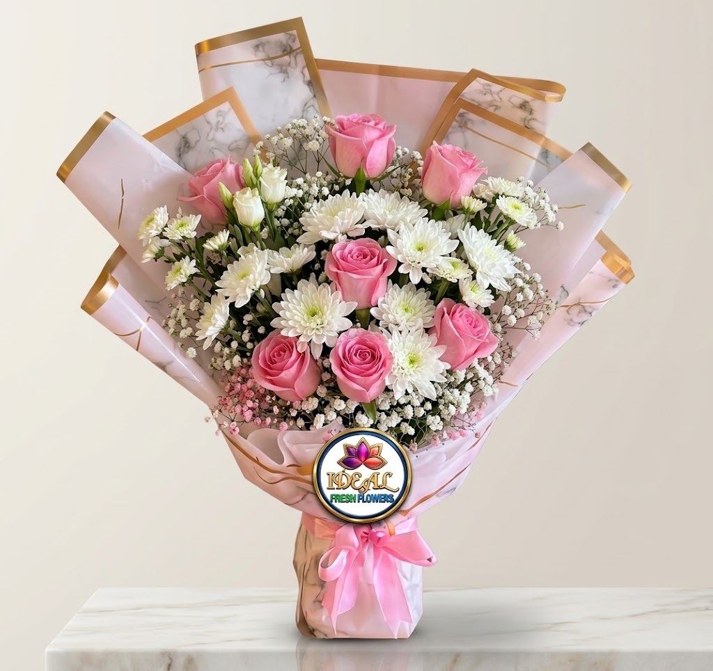 32 Pink Rose and White Chrysanthemum Bouquet in Marble Wrapping by Ideal Fresh Flower - Image 1