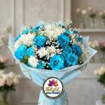 Blue Rose Bouquet with White Chrysanthemums and Baby's Breath by Ideal Fresh Flower