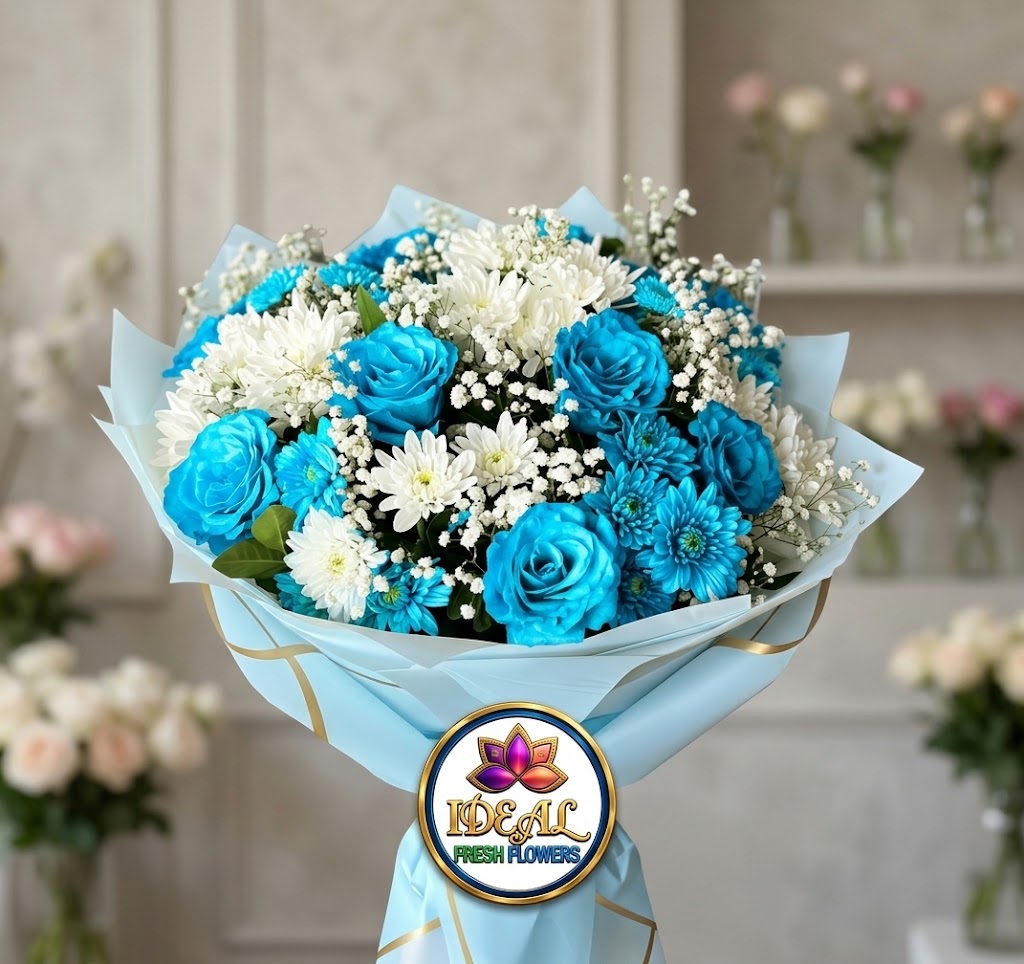 33 Blue Rose Bouquet with White Chrysanthemums and Baby's Breath by Ideal Fresh Flower - Image 1