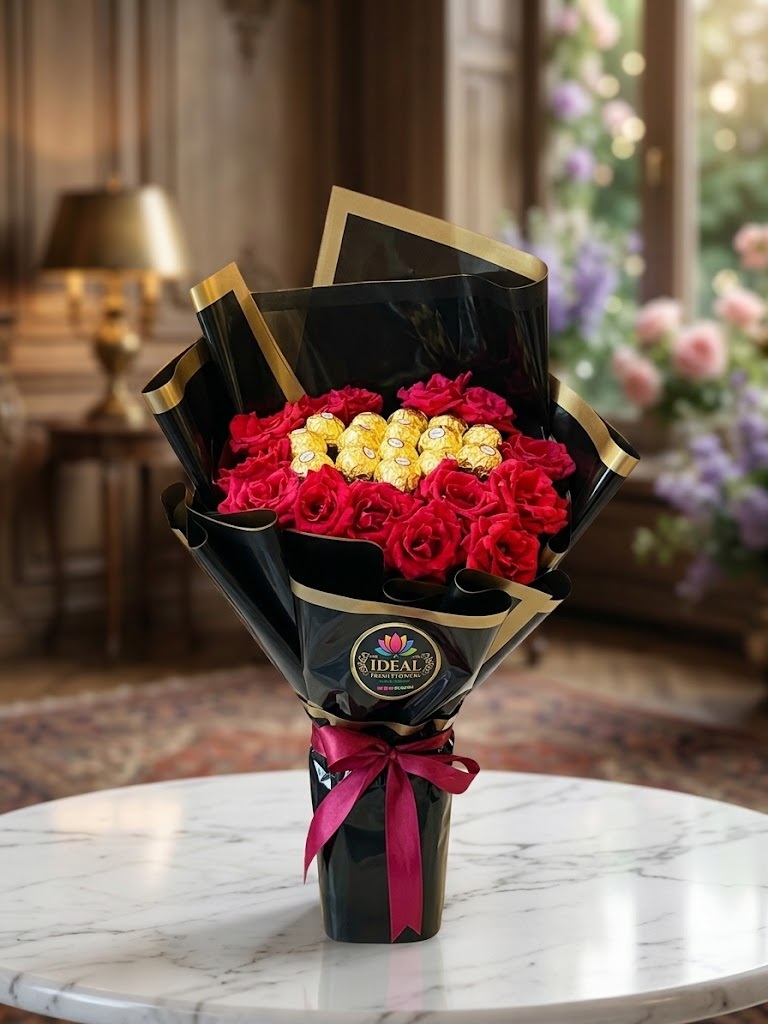 36 Red Rose Bouquet with Gold Chocolates in Black Gold-Edged Wrapping by Ideal Fresh Flower - Image 1