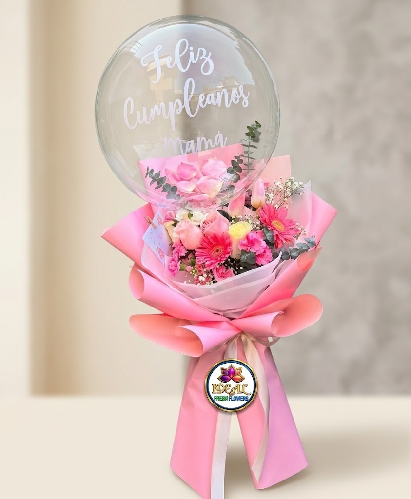 37 Birthday Balloon Flower Bouquet in Pink Wrapping by Ideal Fresh Flower - Image 1