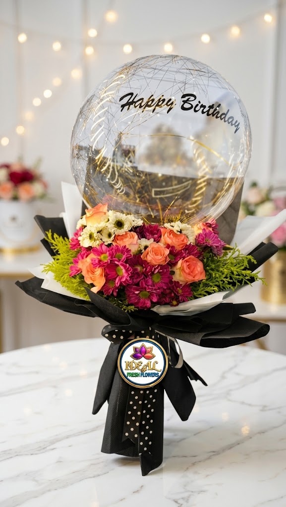 38 Happy Birthday Balloon Bouquet with Orange and Red Flowers by Ideal Fresh Flower - Image 1