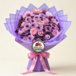 Pink Rose and Purple Chrysanthemum Bouquet with Satin Ribbon by Ideal Fresh Flower
