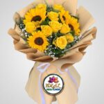 Sunflower and Yellow Rose Bouquet in Peach Wrapping by Ideal Fresh Flower