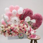 Pink Heart Flower Arrangement with Balloons and Mini Cake by Ideal Fresh Flower