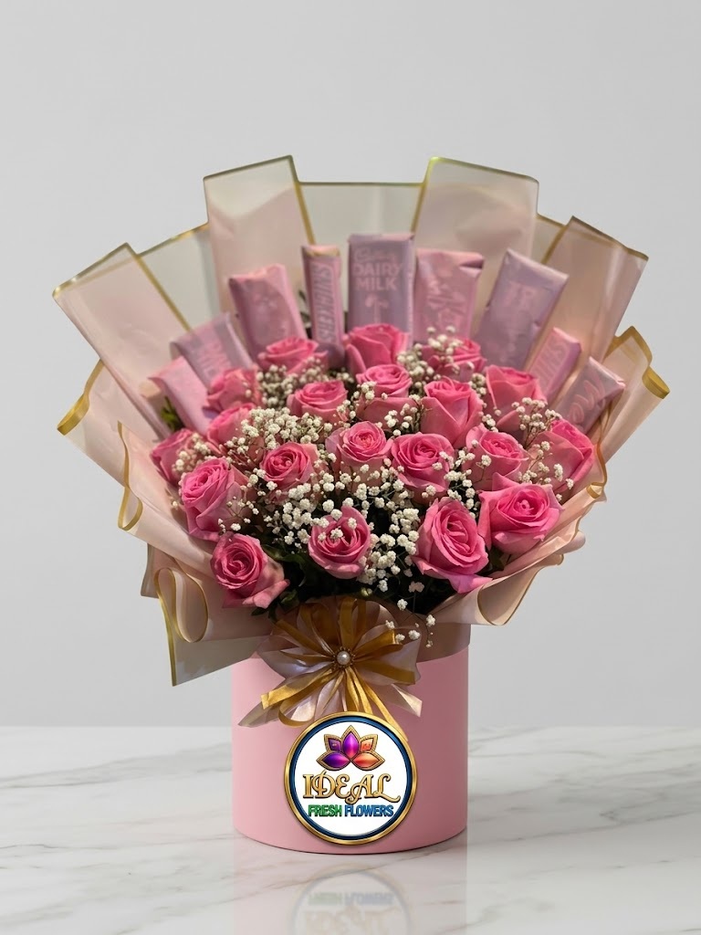 6 Pink Rose and Chocolate Bouquet in Pink Cylinder Box by Ideal Fresh Flower - Image 1