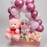 Pink Teddy Bear and Balloon Gift Box with Roses by Ideal Fresh Flower