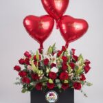 Red Rose Arrangement with Heart Balloons and Lilies by Ideal Fresh Flower