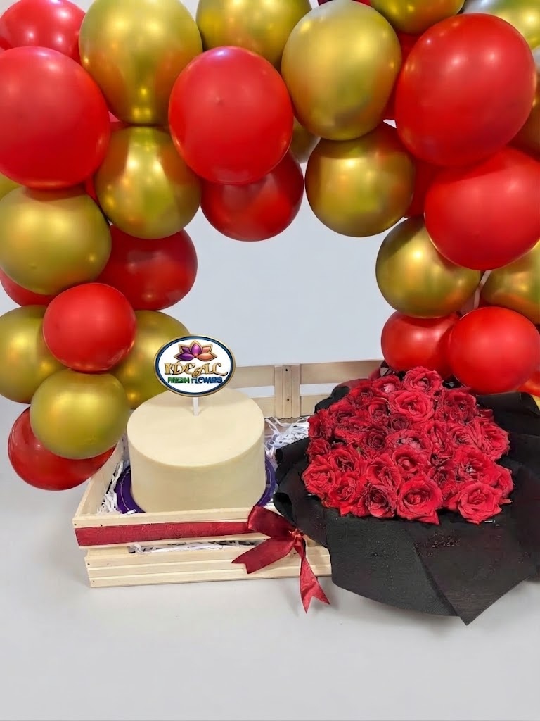 65 Balloon Arch, Cake and Red Rose Bouquet Gift Set by Ideal Fresh Flower - Image 1