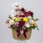 Teddy Bear and Flower Basket with Roses and Chrysanthemums by Ideal Fresh Flower