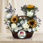Sunflower and White Rose Flower Basket by Ideal Fresh Flower