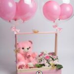 Pink Teddy Bear and Balloon Gift Tray with Flowers by Ideal Fresh Flower