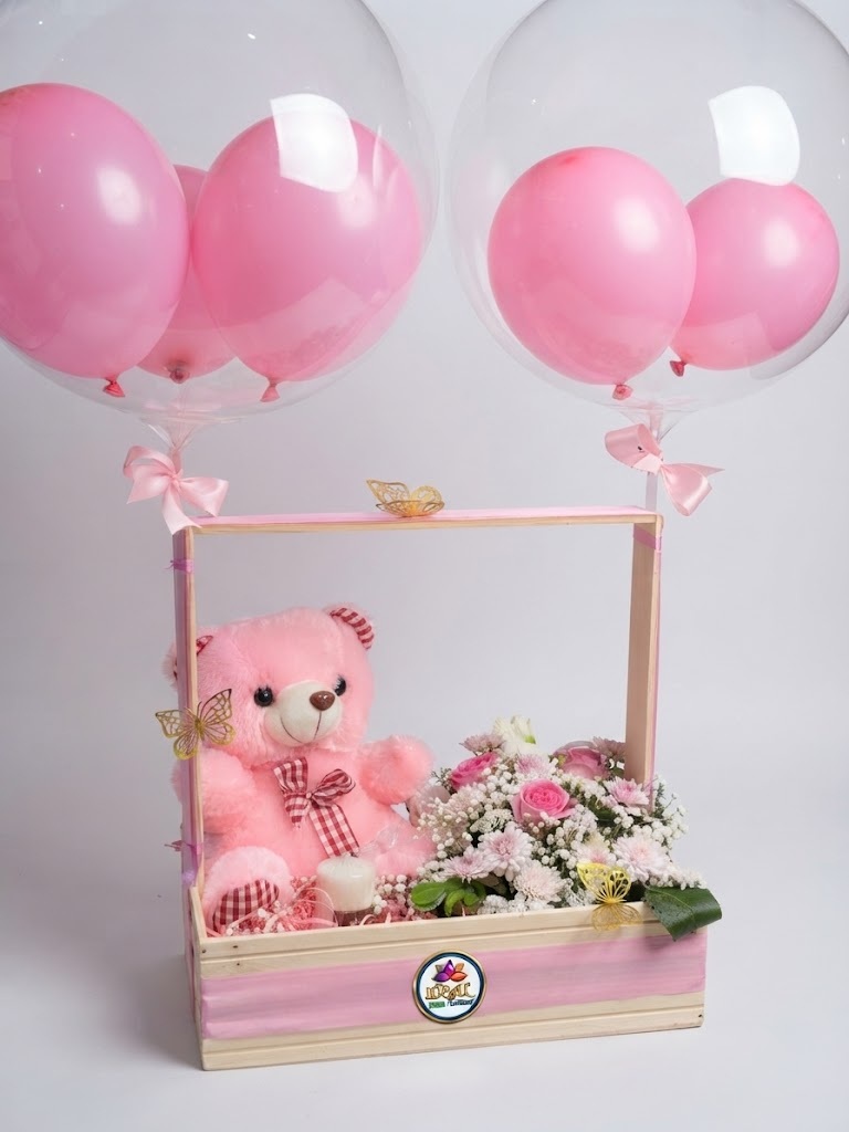 71 Pink Teddy Bear and Balloon Gift Tray with Flowers by Ideal Fresh Flower - Image 1