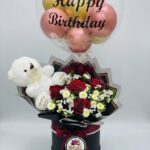 Happy Birthday Balloon Rose Box with White Teddy Bear by Ideal Fresh Flower