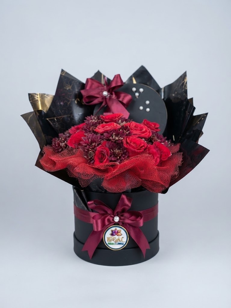 73 Red Rose Hat Box Arrangement with Burgundy Ribbon by Ideal Fresh Flower - Image 1