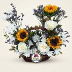 Sunflower and White Rose Gift Basket with Purple Filler Flowers by Ideal Fresh Flower