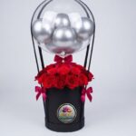 Hot Air Balloon Red Rose Box with Silver Balloons by Ideal Fresh Flower