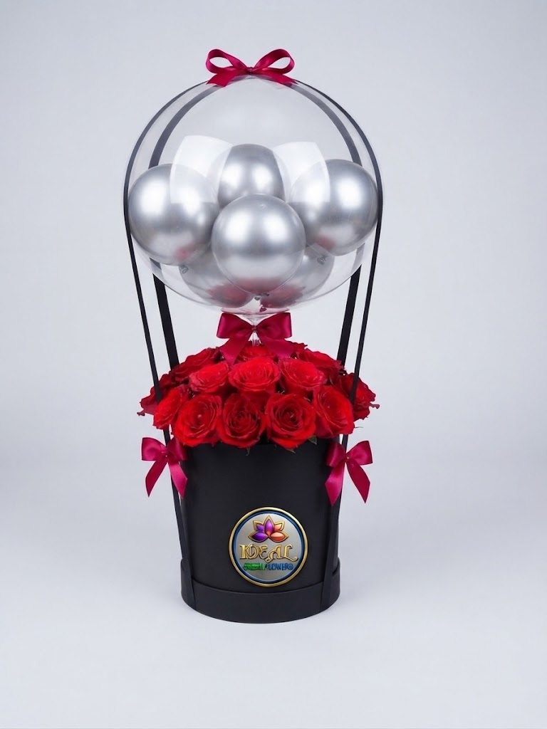 81 Hot Air Balloon Red Rose Box with Silver Balloons by Ideal Fresh Flower - Image 1