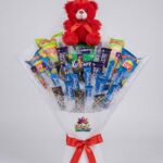 Snack Bouquet with Red Teddy Bear and Chocolate Bars by Ideal Fresh Flower