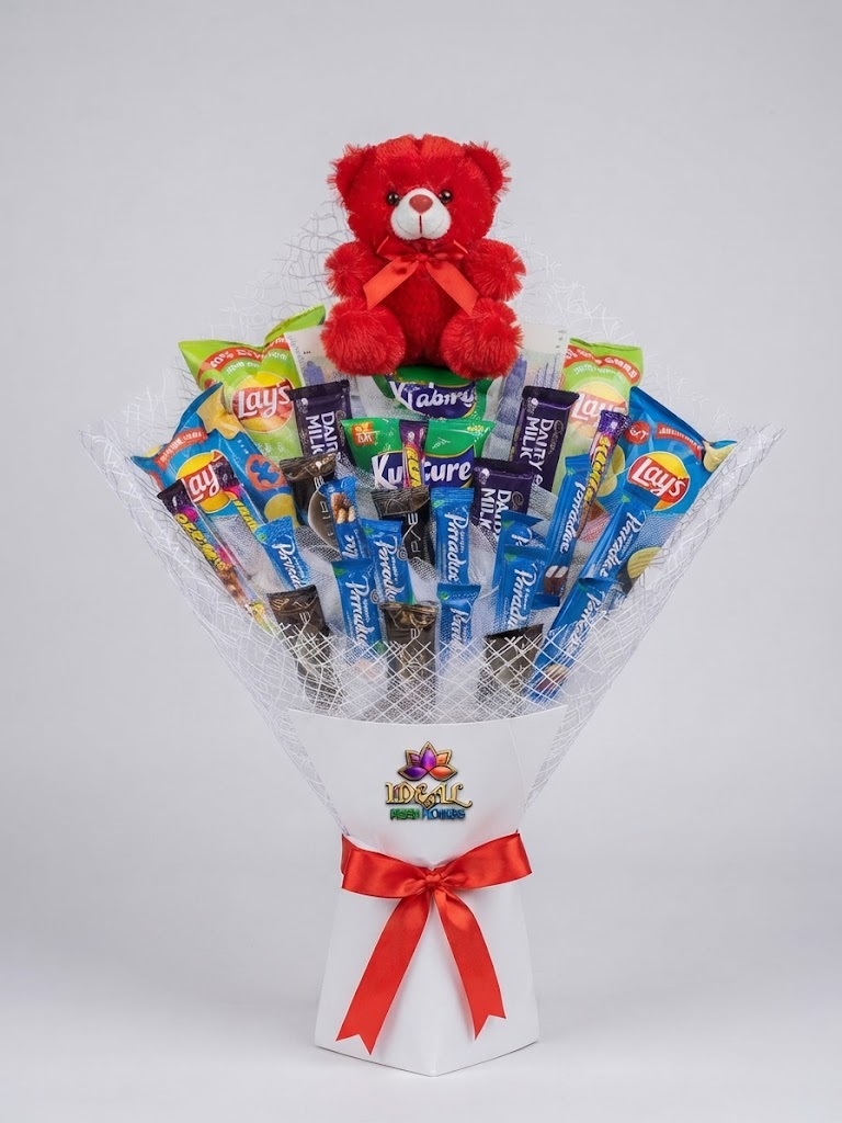 82 Snack Bouquet with Red Teddy Bear and Chocolate Bars by Ideal Fresh Flower - Image 1
