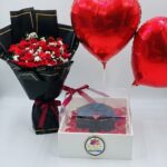 Red Rose Bouquet with Heart Balloons and Cake Box by Ideal Fresh Flower
