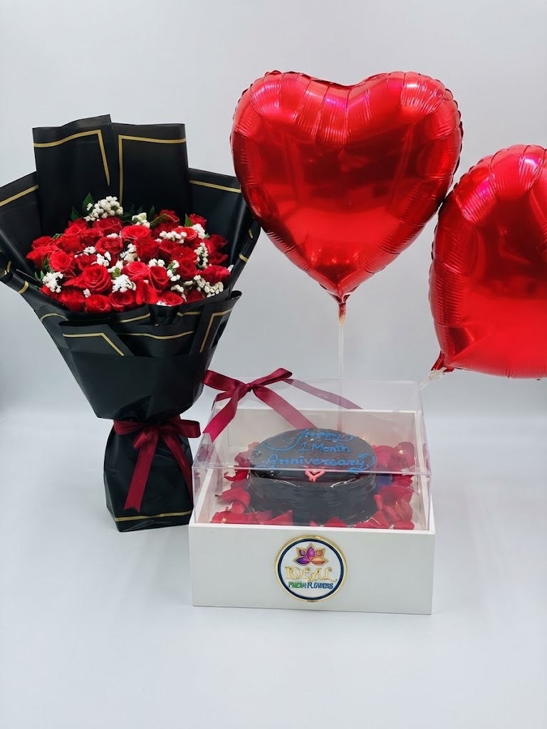 85 Red Rose Bouquet with Heart Balloons and Cake Box by Ideal Fresh Flower - Image 1