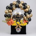 Black and Gold Balloon Birthday Flower Box with Gladioli by Ideal Fresh Flower