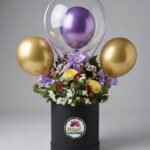 Purple and Gold Balloon Flower Box with Mixed Flowers by Ideal Fresh Flower